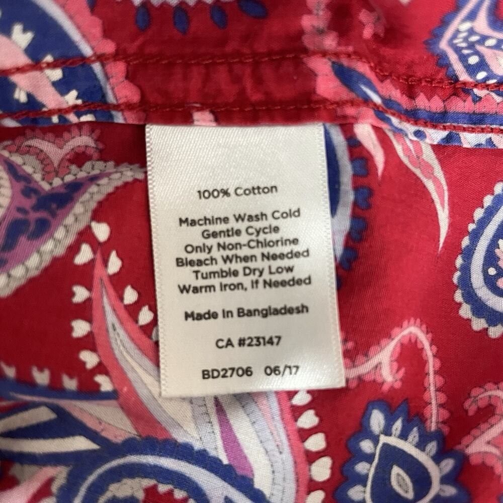 Talbots S Button Up Blouse Red Paisley Long Roll Tab Sleeves 100% Cotton Top - Picture 8 of 11